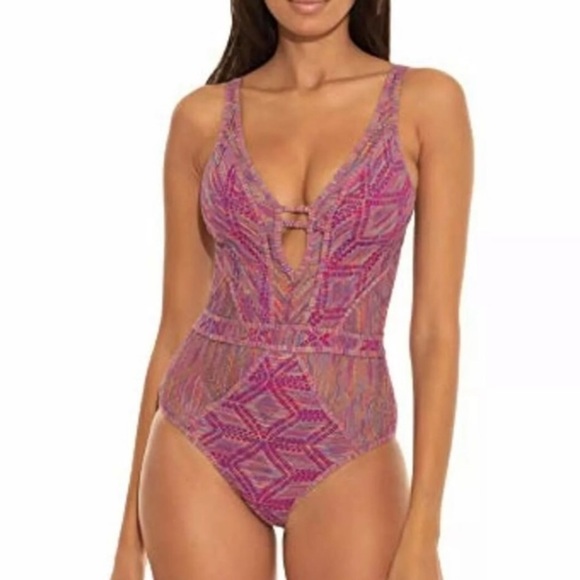 becca Mosaic Berry Crochet Plunge One-Piece Swimsuit Size Large - Picture 14 of 16